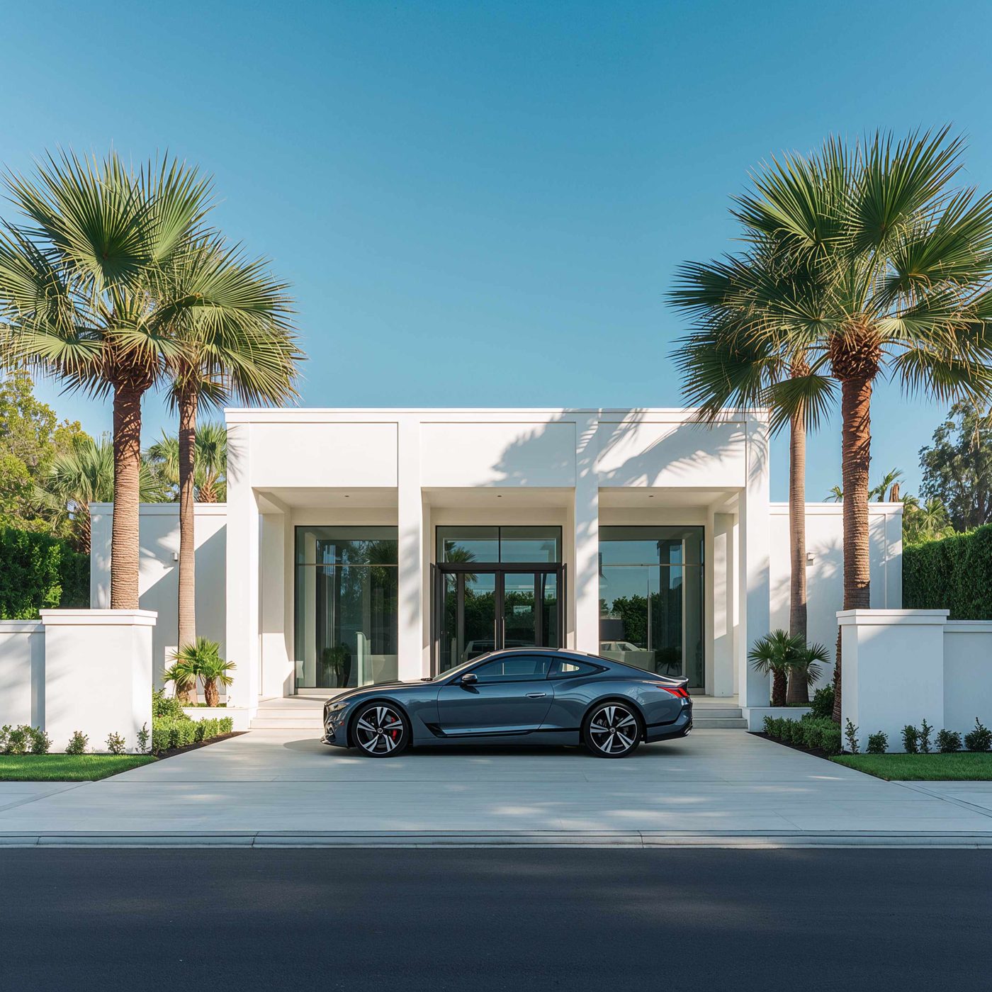 Modern luxury estate with palm trees