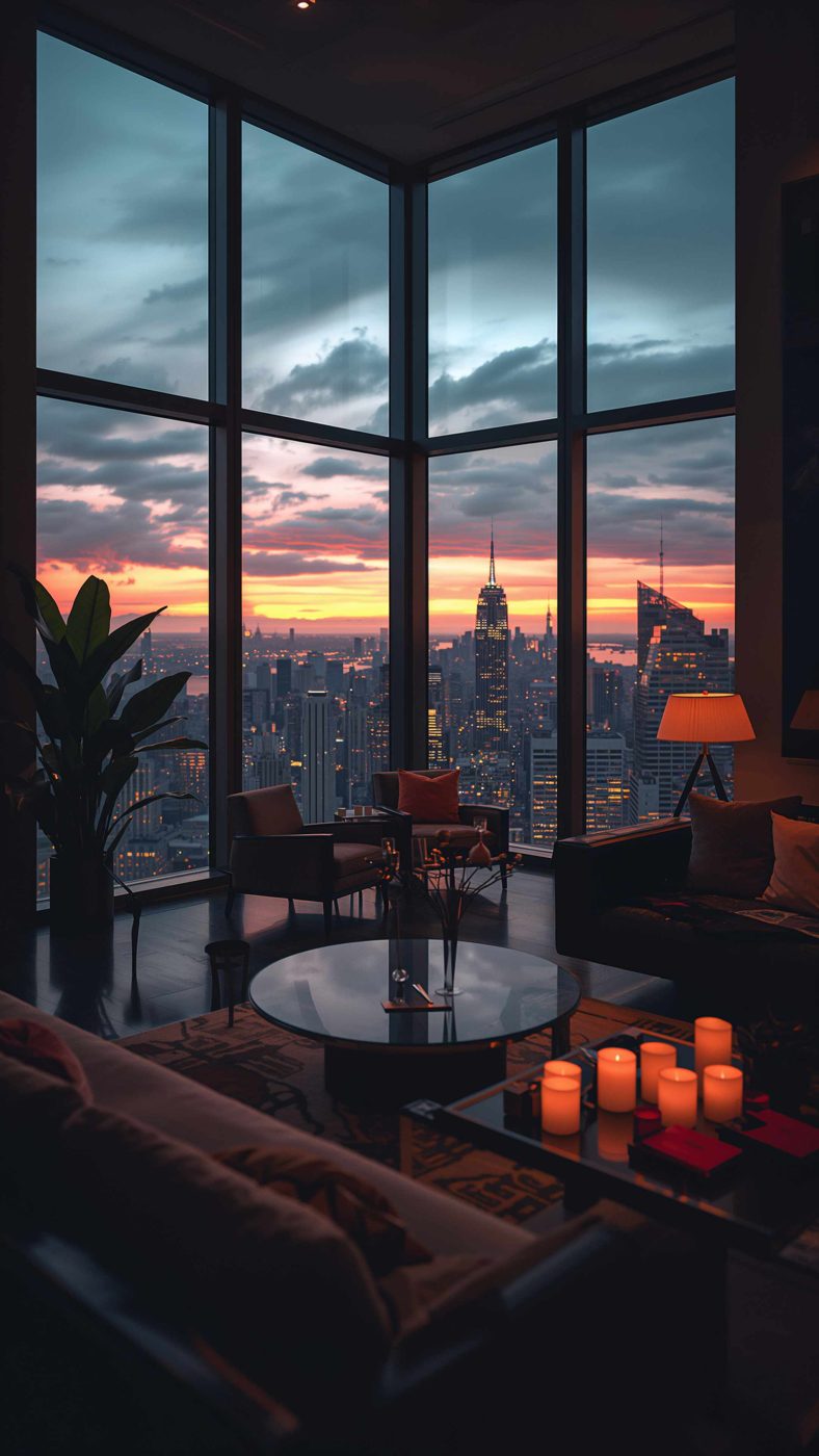 High-rise penthouse overlooking the city skyline