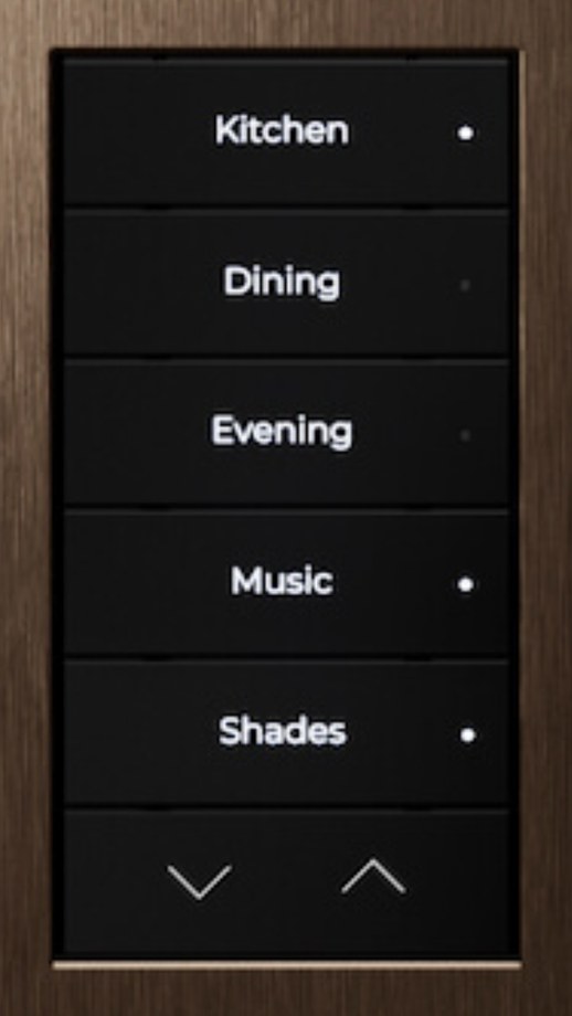 Lux by Control4 keypad dimmer with engraved buttons in a bronze faceplate